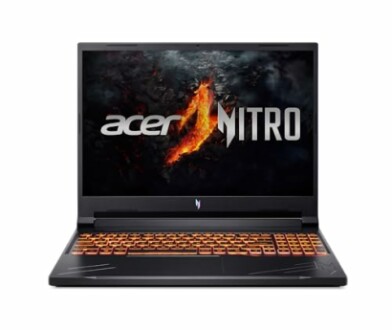 Acer Nitro gaming laptop with fiery logo on screen.