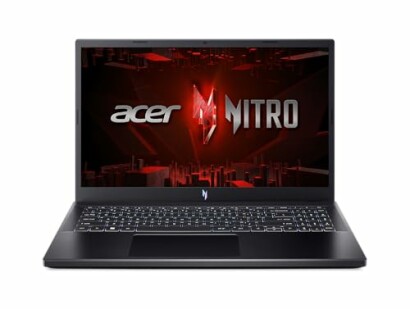 Front view of an Acer Nitro gaming laptop with illuminated keyboard.