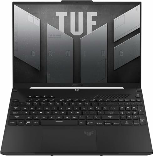 ASUS TUF gaming laptop with open display and keyboard view