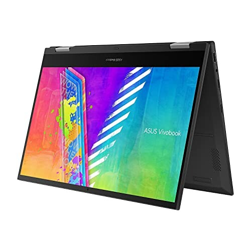 ASUS Vivobook Flip laptop in tent mode with colorful display