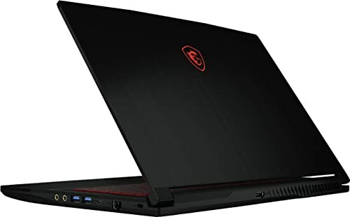 Black gaming laptop with red accents partially open.