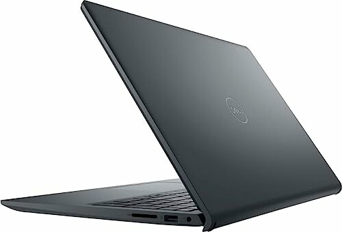 Black laptop with partially open lid showing side ports.