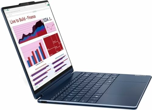 Open blue laptop displaying financial charts and graphs on screen.