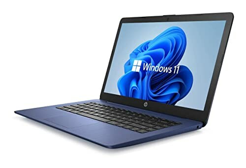 Blue laptop with Windows 11 on screen