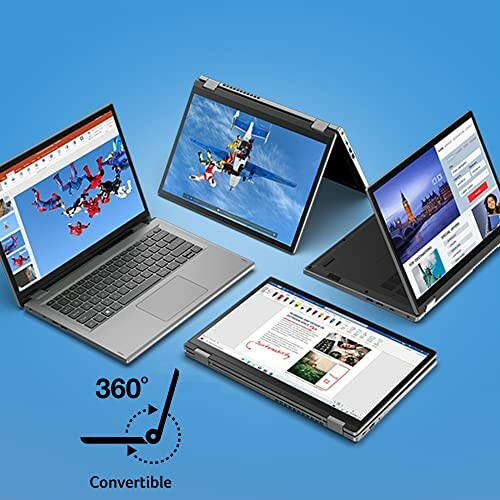 Four convertible laptops in various modes against blue background.