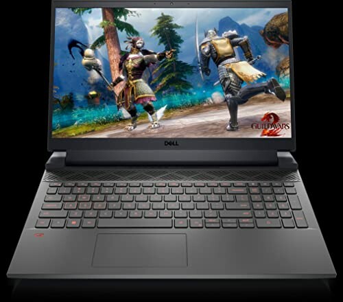 Dell laptop displaying a game with two characters in combat.