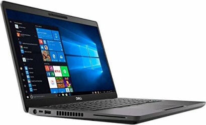 Side view of a Dell laptop with Windows 10 screen