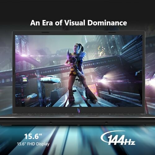 Gaming laptop with 144Hz display showing a futuristic game scene.