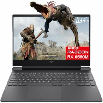 Gaming laptop with AMD Radeon RX 6550M displaying action game scene on screen.