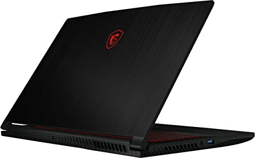 Back view of a black gaming laptop with logo on the lid.