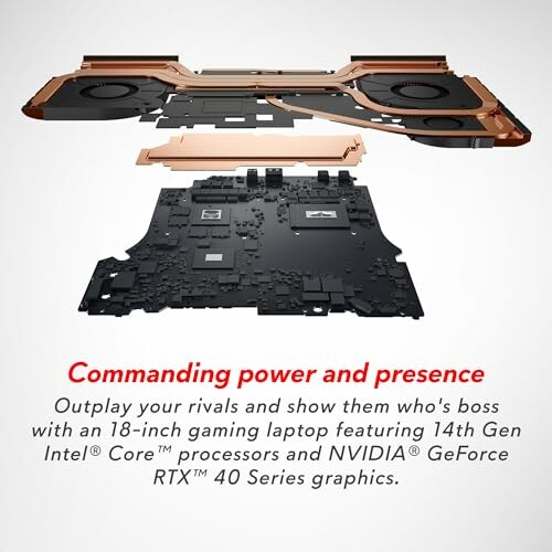 Exploded view of gaming laptop components with processors and graphics card.