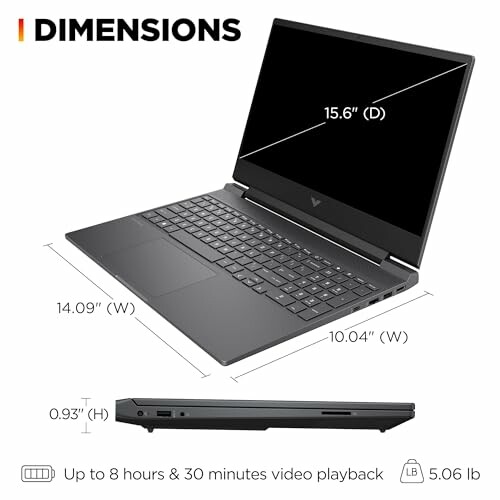 Gaming laptop dimensions and weight details.