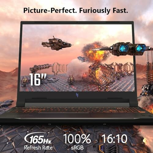 Gaming laptop with 16-inch screen, futuristic scene, 165Hz refresh rate.