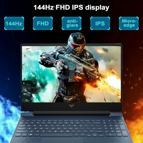 Gaming laptop with 144Hz FHD IPS display showing a futuristic soldier game.