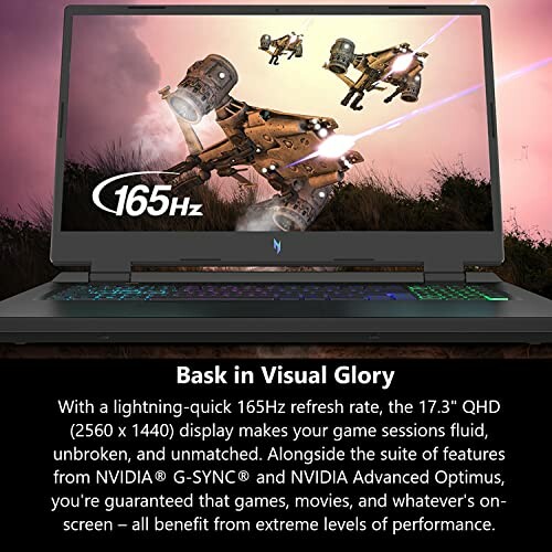 Gaming laptop with 165Hz display and flying machines on screen.