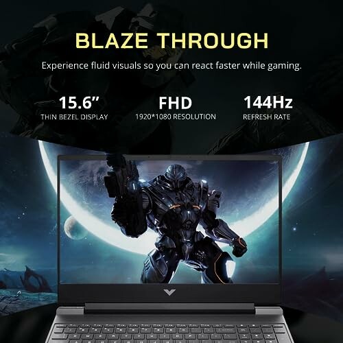 Gaming laptop ad featuring a mech warrior on the screen.