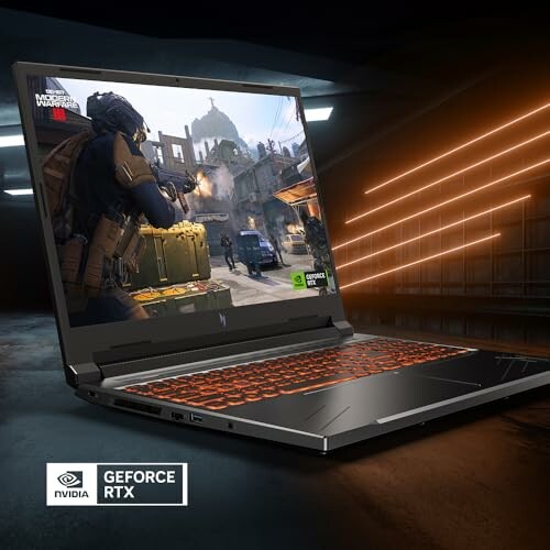 Gaming laptop displaying action game screen with GeForce RTX branding.