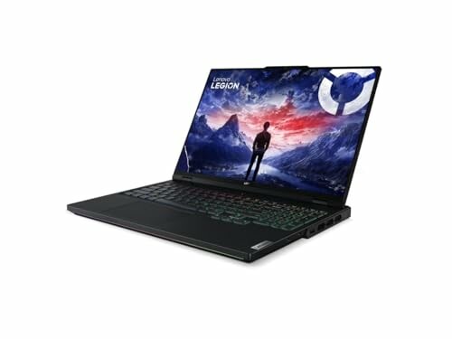 Lenovo Legion gaming laptop with open screen displaying mountain background.