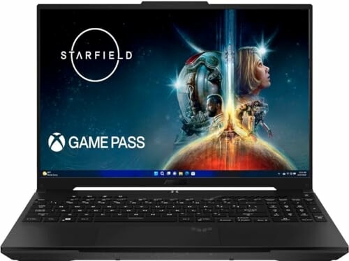 Gaming laptop displaying Starfield game with Game Pass logo