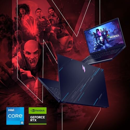 Two gaming laptops showcasing the game Redfall with vibrant background.