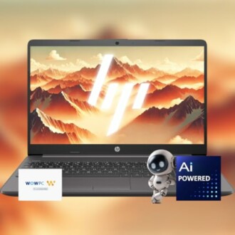 HP laptop with mountain screen, AI powered