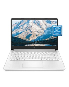 HP laptop with Intel Celeron and mountain background