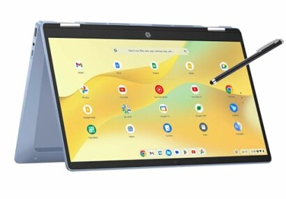 HP laptop in tablet mode with stylus and open apps