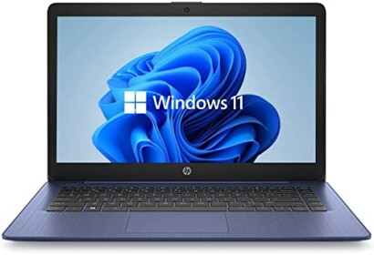 HP laptop with Windows 11 on screen