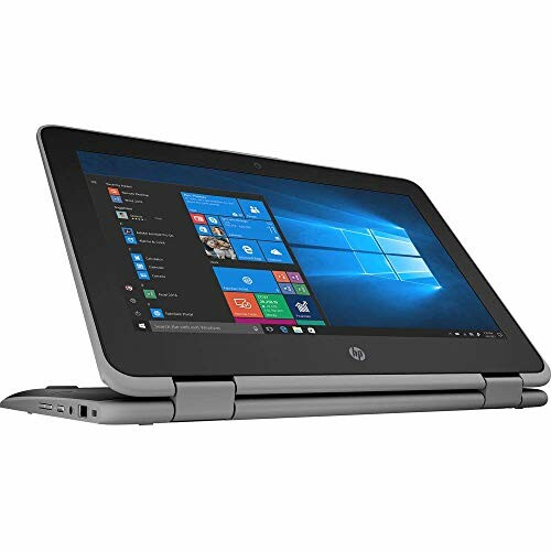 HP laptop with touchscreen in tent mode displaying Windows 10