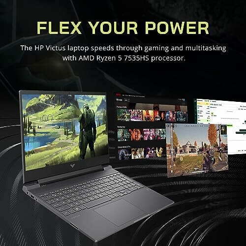 HP Victus laptop with AMD Ryzen processor for gaming and multitasking.