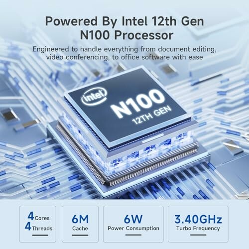 Intel 12th Gen N100 Processor with specs including 4 cores, 6M cache, 6W power consumption, and 3.40GHz turbo frequency.