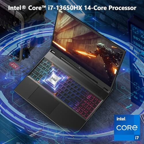 Laptop with Intel Core i7-13650HX processor displayed on screen.