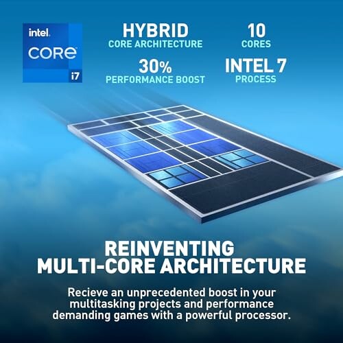 Intel Core i7 processor advertisement highlighting hybrid core architecture, 10 cores, 30% performance boost, Intel 7 process.