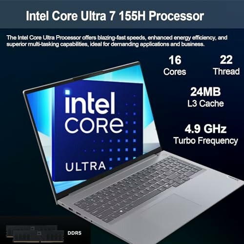 Intel Core Ultra 7 155H Processor with 16 cores, 22 threads, 24MB L3 cache, and 4.9 GHz turbo frequency.