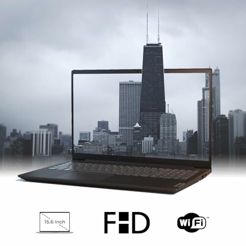 Laptop with cityscape background and FHD WiFi icons