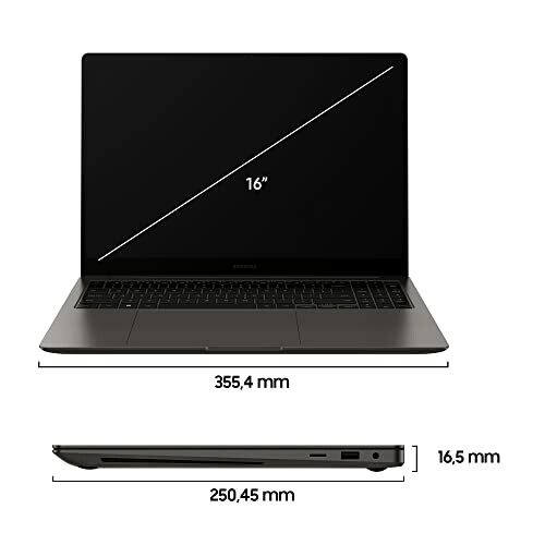 Laptop with 16-inch screen and dimensions shown.