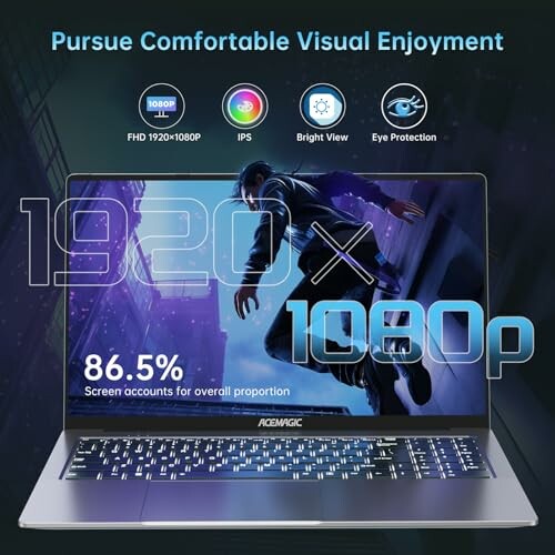 Laptop showcasing 1920x1080p display features with eye protection.