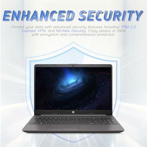 Laptop with enhanced security features and a cosmic screen background.