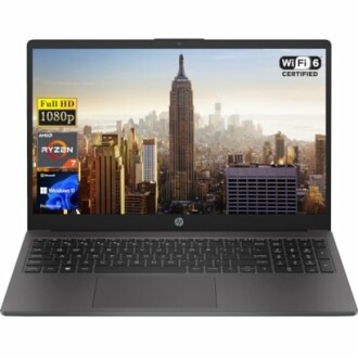 HP laptop with cityscape on screen, Ryzen 7, WiFi 6 certified