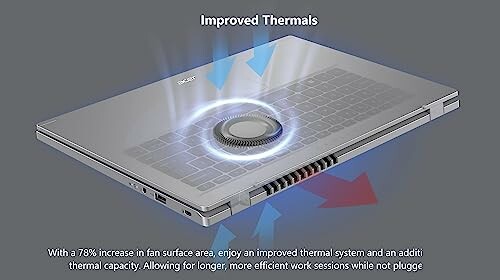 Laptop highlighting improved thermal system with airflow arrows.