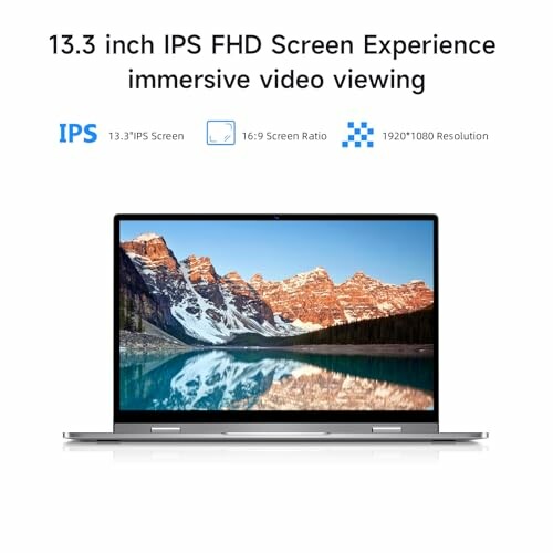 Laptop with 13.3 inch IPS FHD screen displaying scenic landscape.