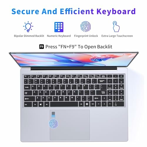 Laptop keyboard with features like dimmed backlit, numeric keypad, fingerprint unlock, and large touchscreen.