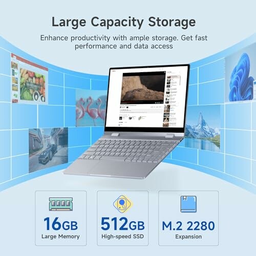 Laptop with large storage capacity and various features displayed.