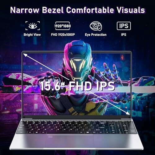 Laptop with narrow bezel and FHD IPS display featuring a futuristic graphic on screen.