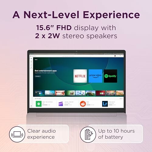 Laptop with 15.6 inch FHD display and stereo speakers, featuring entertainment apps.