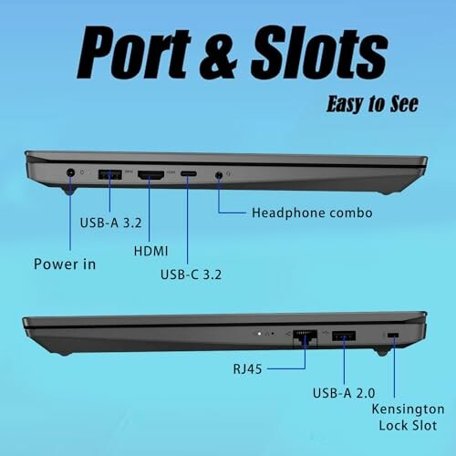 Image showing laptop ports and slots, including USB-A, USB-C, HDMI, RJ45, headphone jack, and power input.