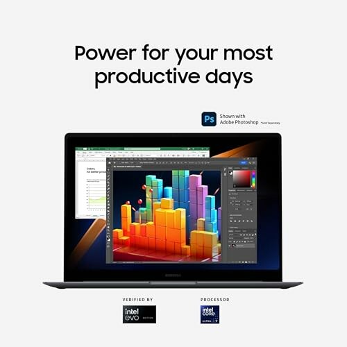 Laptop displaying Adobe Photoshop and Excel for productivity