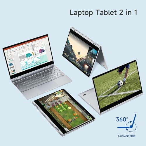 Four convertible laptops in various modes, showcasing versatility.