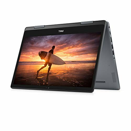 Convertible laptop in tablet mode displaying a surfer at sunset.