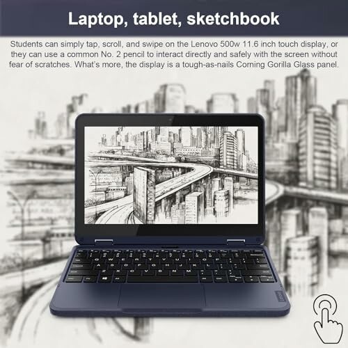 Laptop with sketch of cityscape on screen